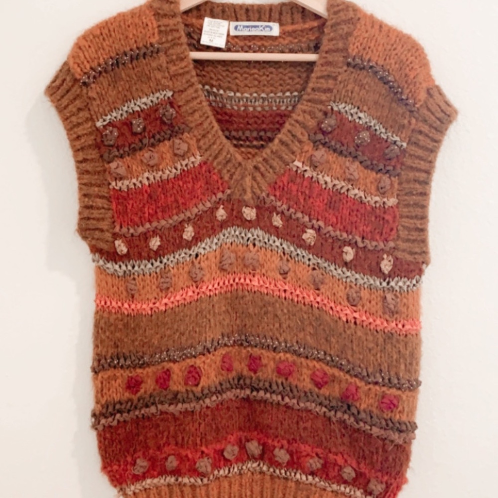 Cute vintage chunky oversized multi textural knit and autumn color themed vest